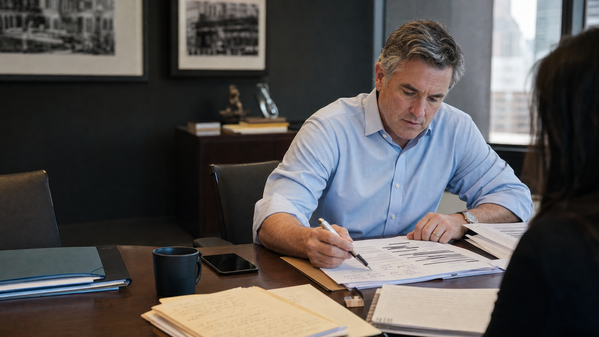 An attorney reviewing case records with a colleague across a conference table.